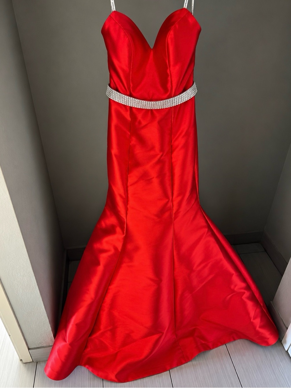 Jovani Red Satin Mermaid Gown with Crystal Waistband